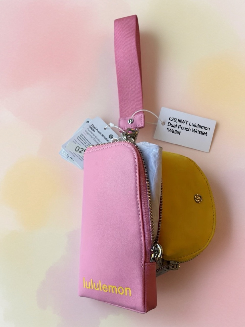 029,NWT Authentic lululemon pink and yellow dual pouch wristlet *Wallet. - Picture 2 of 10